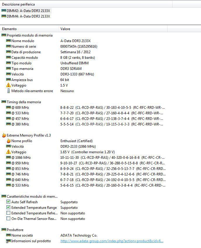 ADATA XPG Xtreme 2133X 16GB 2. SPD e profilo XMP 1
